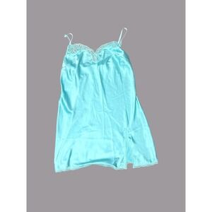 Victoria's Secret Satin Chemise Slip Dress Lingerie Lace Trim Aqua Blue Retro L